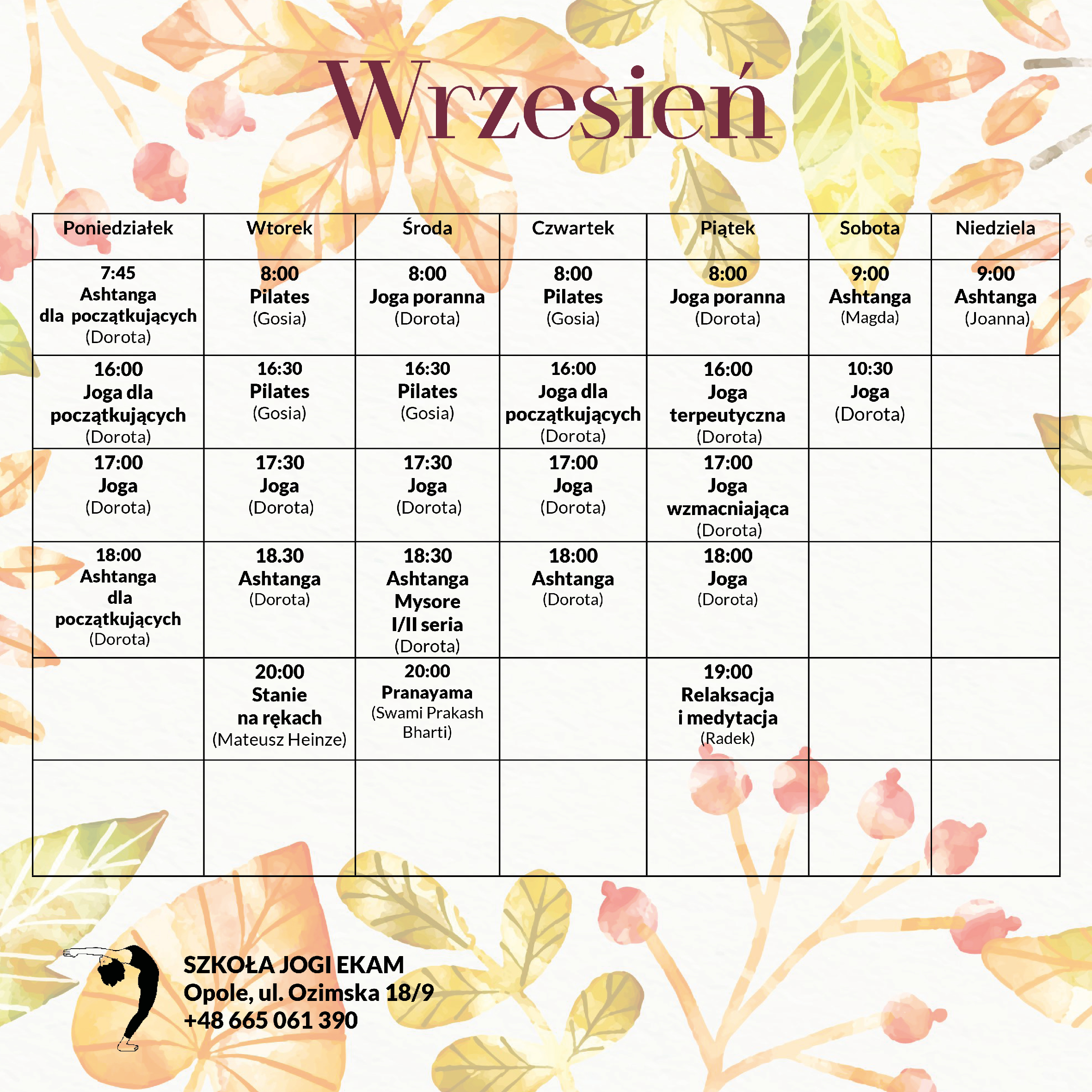 ekam rozkład zajęć joga wrzesień