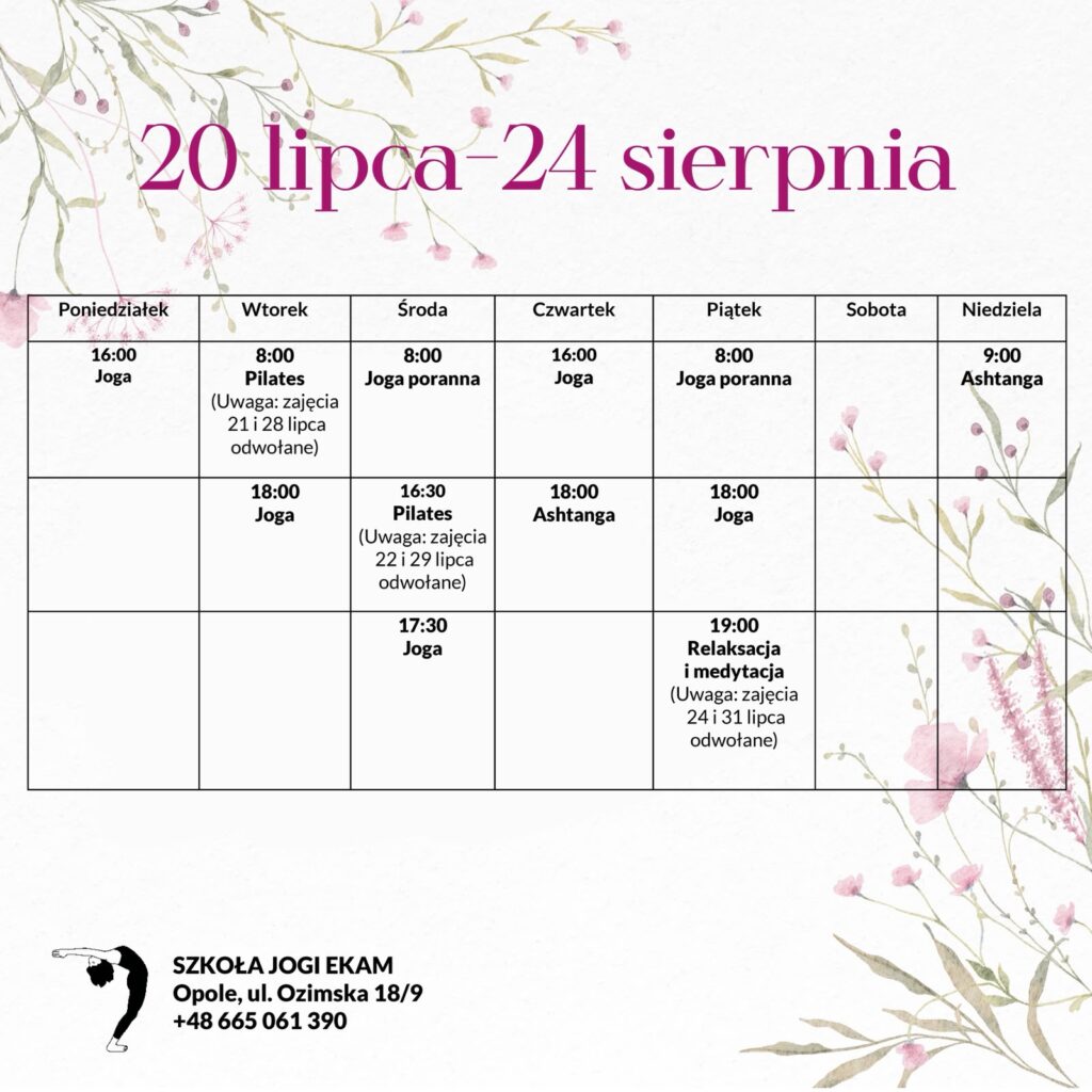Grafik zajęć jogi Ekam wakacje